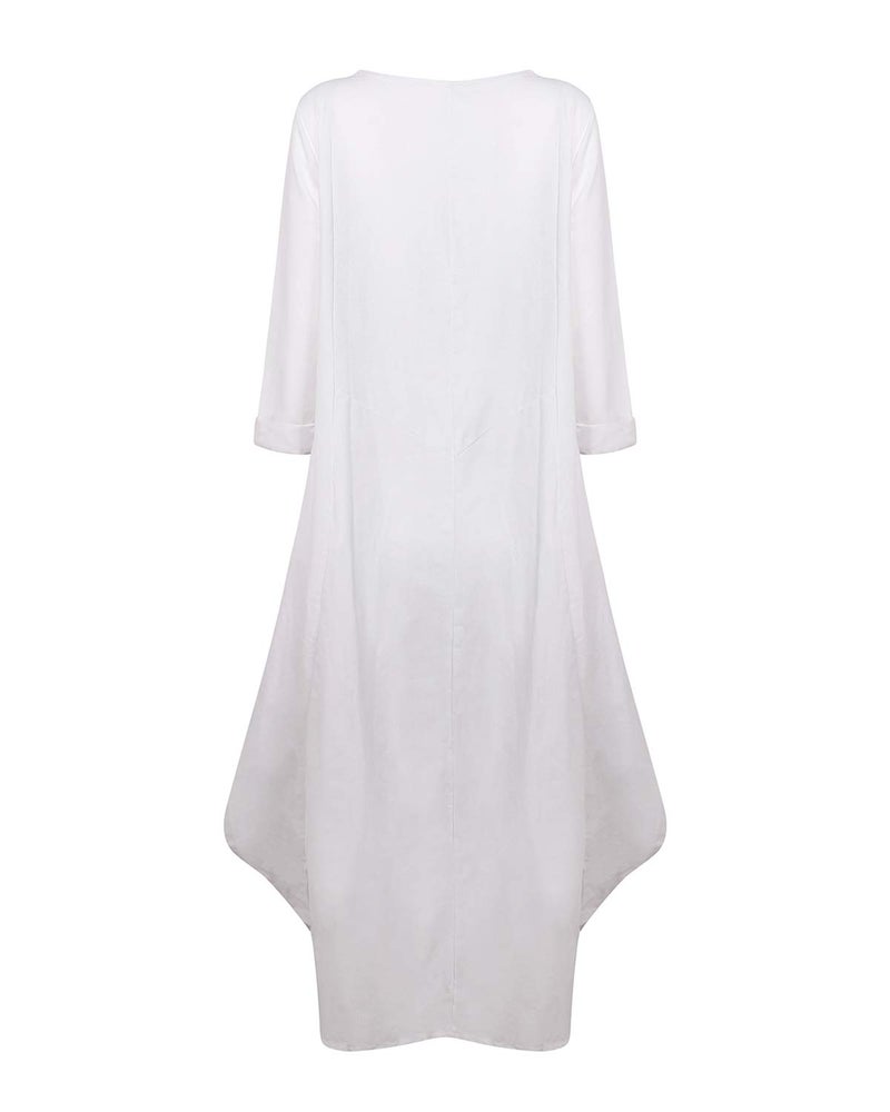Jacansi Women Boho Beach Party Plain Cotton Linen High Low Hem Kaftan Dress (04-White, L) - Image 3